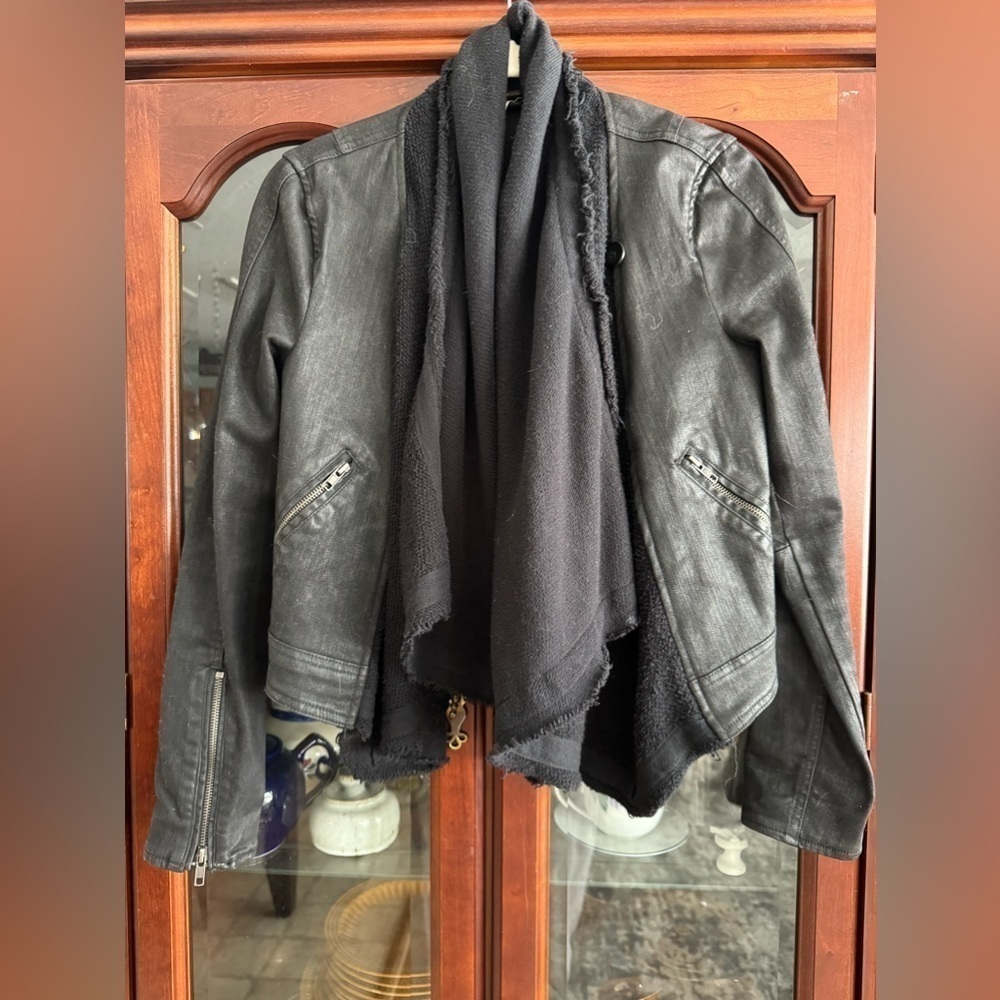 Free People Drape Front Coated Jacket Black Moto Waxed Denim - Picture 5 of 7